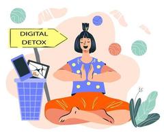 Meditating woman enjoying break in usage of gadgets. Digital detox and exit from phone and internet addiction concept with relaxing girl cartoon vector illustration.