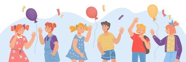 Banner for school or kindergarten grade year beginning with children waving hands in greeting gesture. Children saying Hi at backdrop of balloons and festive confetti. Cartoon vector illustration.