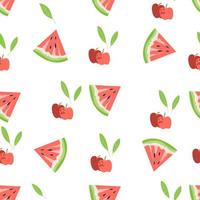 Summer seamless fruit pattern design with watermelon and apples. Repeatable background or endless texture with watermelon for summer items, flat vector illustration on white background.