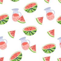 Summer seamless pattern with watermelon slices and jug of cold drink. Repeatable background with watermelon for summer clothes and other seasonal items flat vector illustration on white background.