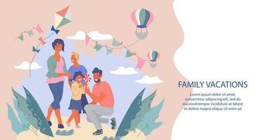 Web page for family vacations and holidays in park with parents and children characters having fun. Landing page for active summer leisure and family entertainments, flat vector illustration.