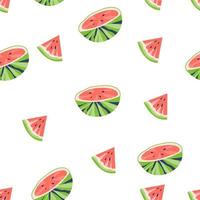 Summer seamless pattern design with halves and slices of watermelon, decorative repeatable texture for fabric and print. Flat vector illustration on white background.