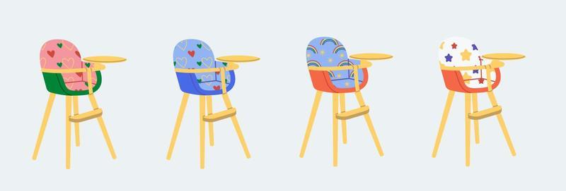 Set of children's chairs with different patterns. Feeding seat t.for infant with print of stars, rainbow, hear.