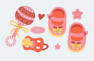 Baby dummy, rattle, booties for a girl, isolated carton set. vector
