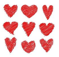 Vector red heart shapes with a doodle effect