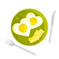 vector illustration romantic breakfast scrambled eggs with cheese, valentines day, cutlery, hand drawing