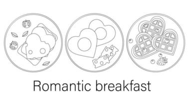 ilustración vectorial conjunto desayunos románticos, día de san valentín, ilustración de comida, estilo de garabato y boceto, dibujo a mano vector
