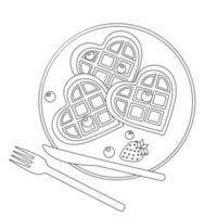 vector illustration romantic breakfast Viennese heart-shaped waffles with blueberries and strawberries, cutlery, doodle style and sketch