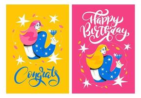 A set of birthday cards. A cute girl with a glass of champagne and a beautiful lettering. congratulations vector