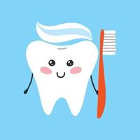 Tooth with toothpaste and toothbrush. Oral hygiene. Tooth character in kawaii style. Vector illustration. Flat cartoon style.