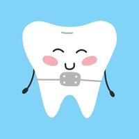 Happy tooth with braces in kawaii style. Vector illustration. Cartoon style. Tooth character.