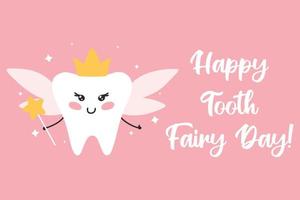 Cute card for tooth fairy day. Vector illustration. Flat cartoon style. tooth fairy in kawaii style.