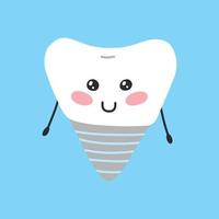 Kawaii style dental implant. Vector illustration. Flat cartoon style. Tooth character.