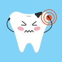 Sick tooth in kawaii style. Tooth character with caries. Vector illustration. Cartoon style. Toothache.