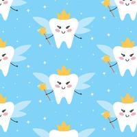 patrón sin fisuras con el hada de los dientes. patrón infantil con un hada. ilustración vectorial estilo de dibujos animados plana. impresión de dientes de estilo kawaii. vector