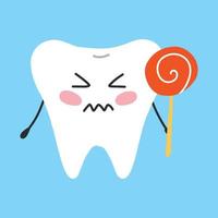 Sick tooth in kawaii style. Tooth character with caries. Vector illustration. Toothache.