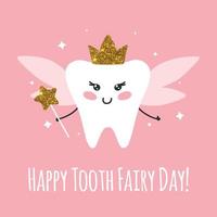 Cute card for tooth fairy day. Postcard with glitter and gold. Vector illustration. Flat cartoon style. Glitter tooth fairy in kawaii style.