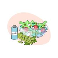 Celery salad. Vegetarian dish. Vector illustration of bowl with vegetables. Sliced celery and stalks, salad, tomatoes, cucumbers, feta. Healthy nutrition, proper diet concept