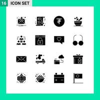 Group of 16 Solid Glyphs Signs and Symbols for office connection tugrik hospital medicine Editable Vector Design Elements