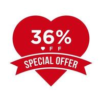 36 Percent OFF Sale Discount Promotion Banner. Special Offer, Event, Valentine Day Sale, Holiday Discount Tag Vector Template