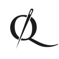 logotipo inicial de la letra q sastre, combinación de aguja e hilo para bordar, textil, moda, tela, tela, plantilla de color dorado vector