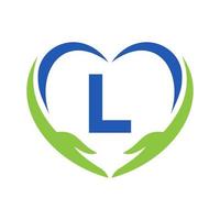 Hand Care Logo On Letter L. Charity Logotype, Healthcare Care, Foundation with Hand Symbol vector