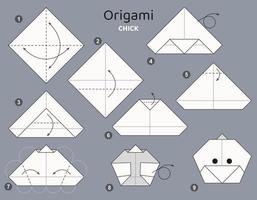 esquema de origami de pollito tutorial. elementos de origami aislados sobre fondo gris. papiroflexia para niños. paso a paso como hacer un pollito de origami. ilustración vectorial vector