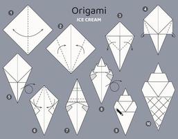 Tutorial ice cream origami scheme. isolated origami elements on grey backdrop. Origami for kids. Step by step how to make origami ice cream. Vector illustration.