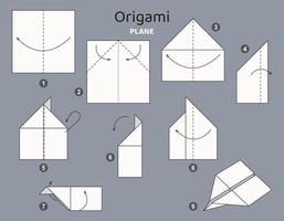 esquema de origami plano tutorial. elementos de origami aislados sobre fondo gris. papiroflexia para niños. paso a paso como hacer un avion de origami. ilustración vectorial vector