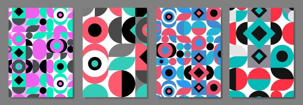 Geometric abstract retro Covers set in Bauhaus style. Applicable for notebooks, planners, brochures, books, catalogs etc. Seamless patterns, easy to re-size. vector
