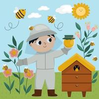 escena vectorial con tarro de miel de apicultor, abeja, colmena. lindo niño haciendo icono de trabajo agrícola. paisaje rural de agricultores. niño con uniforme protector. ilustración divertida del campo de la granja vector