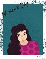 International Women's Day illustration with brunette woman on backdrop. Vector illustration.