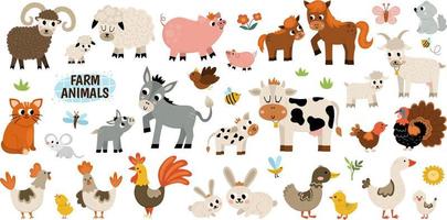 Big vector farm animals set. Big collection with cow, horse, goat, sheep, duck, hen, pig and their babies. Country birds illustration pack. Cute mother and baby icons. Rural themed nature collection