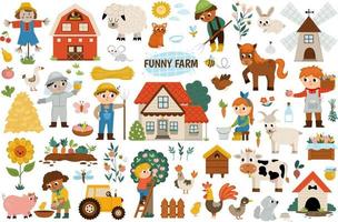 Big vector farm set. Rural icons collection with funny kid farmers, barn, country house, animals, birds, tractor, windmill, hay stacks, fruit, vegetables, beehive. Cute flat garden illustrations