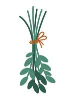 Vector cute leaves bouquet. Flat style crop bunch tied with rope. Funny plant illustration isolated on white background. Drying green twigs hanging upside down. Farm herbs icon