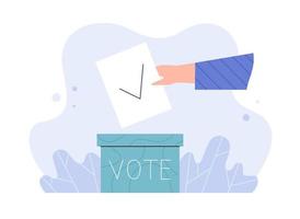 Concept of election, voting, democracy. Hand of voter throwing paper with check mark into ballot box. Flat vector illustration.