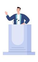 Man speaker speaks behind podium with microphone. Presidental election, balloting, public speech, conference, presentation from tribune. Flat vector iilustration.