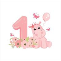 Cute baby girl hippo. Birthday invitation. 1 year, 1 month. Happy birthday vector