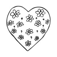 Vector doodle heart with daisy field. Isolated linear heart shape with flowers on white