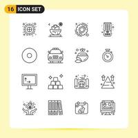 User Interface Pack of 16 Basic Outlines of car multimedia bowl tv control Editable Vector Design Elements