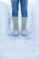 Close-up of warm boots for men's feet on the white snow photo