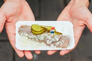Tasty fresh herring with onion and netherland flag on the water channel background in Amsterdam. Traditional dutch food photo