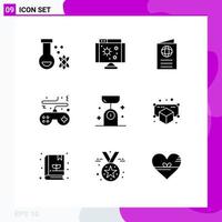 Mobile Interface Solid Glyph Set of 9 Pictograms of play console card pad travel Editable Vector Design Elements