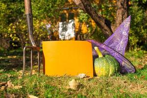 View of Halloween Pumpkins, witch's hat and rake outdoors