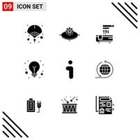 Editable Vector Line Pack of 9 Simple Solid Glyphs of info tips light light bulb shower Editable Vector Design Elements