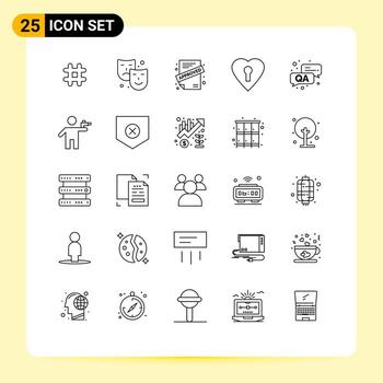 Mobile Interface Line Set of 25 Pictograms of gun qa application answer love Editable Vector Design Elements