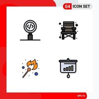 Group of 4 Filledline Flat Colors Signs and Symbols for code flame programming camping stick Editable Vector Design Elements