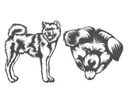 ilustración de cara de perro akita, silueta de cara de perro en blanco y negro vector