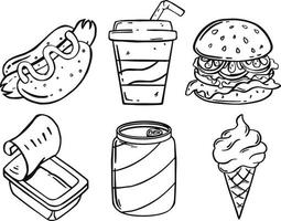 conjunto de comida rápida para el almuerzo o comida chatarra con estilo garabato o incompleto sobre fondo blanco. vector