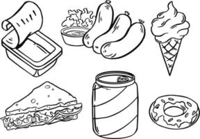 comida americana, comida japonesa, mariscos, bocadillos y mesa puesta. fondo para impresión, diseño, web. usable como iconos. sin costura. vector